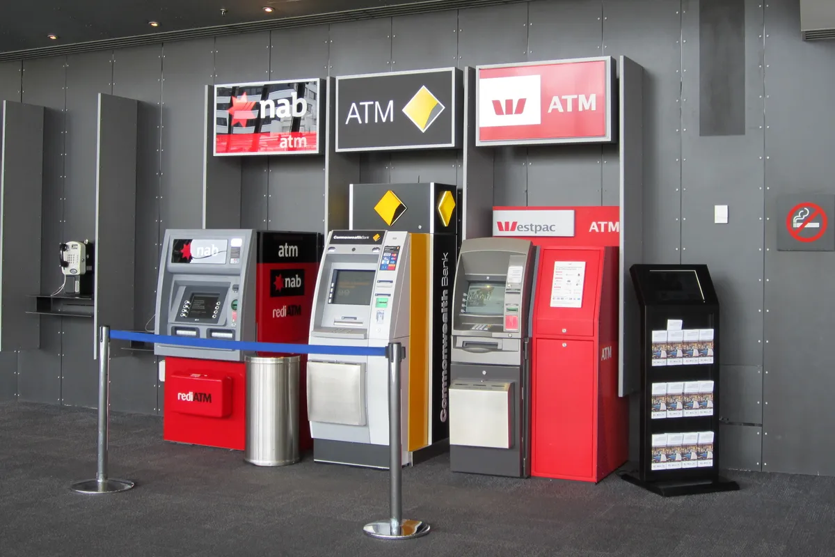 ATMs for NAB, Commonwealth Bank and Westpac side by side in Melbourne