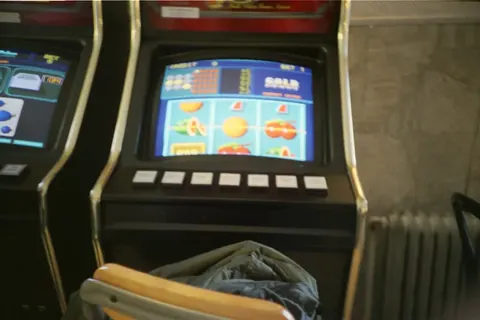 Video slot machine screen with fruit reels and its button panel