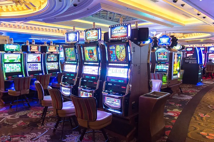 Rows of slot machines on a casino floor
